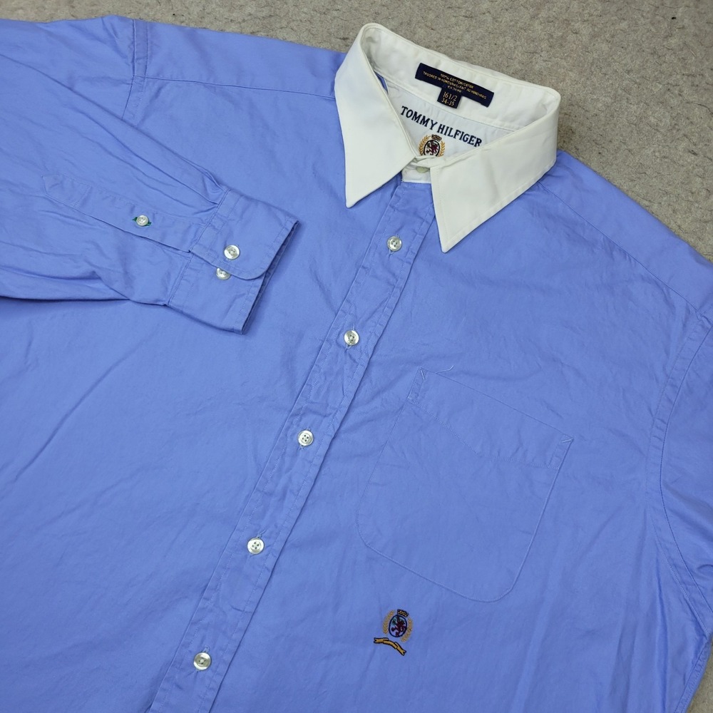 Tommy Hilfiger Shirt Mens 16.5 34/35 Blue Solid Dress Button Up Long Sleeve